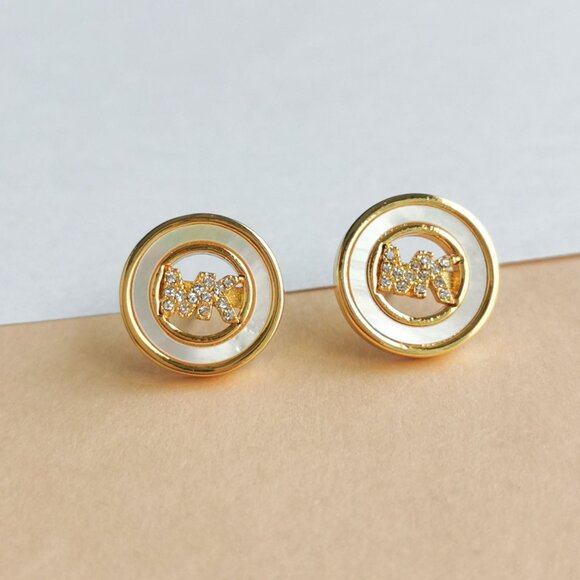 Michael Kors Jewelry - Michael Kors Gold Crystal Pave Logo Disc Stud Earrings MKJ7764 NEW